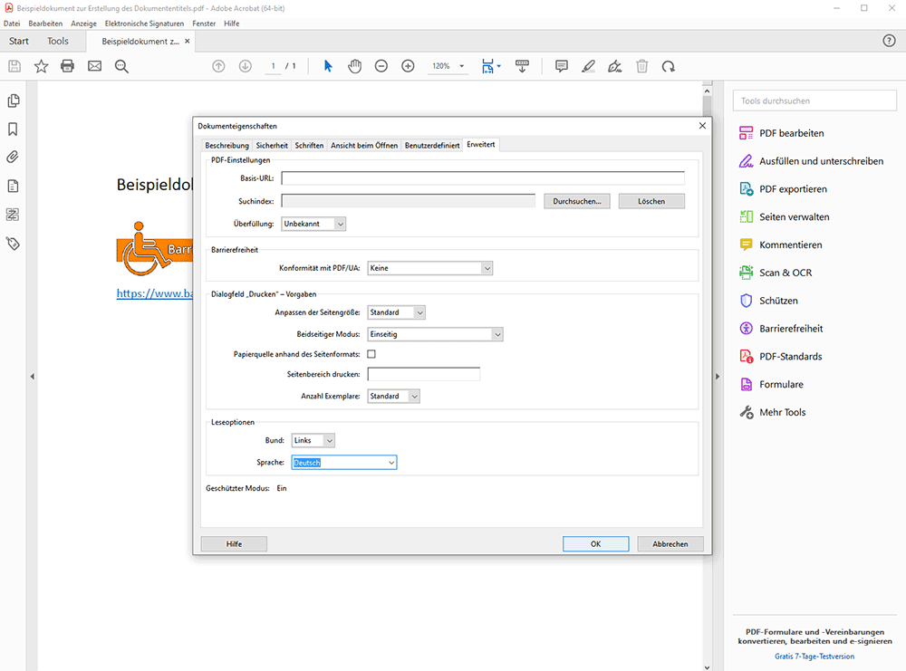 Screenshot Adobe Acrobat Pro mit geöffneten Reiter Erweitert