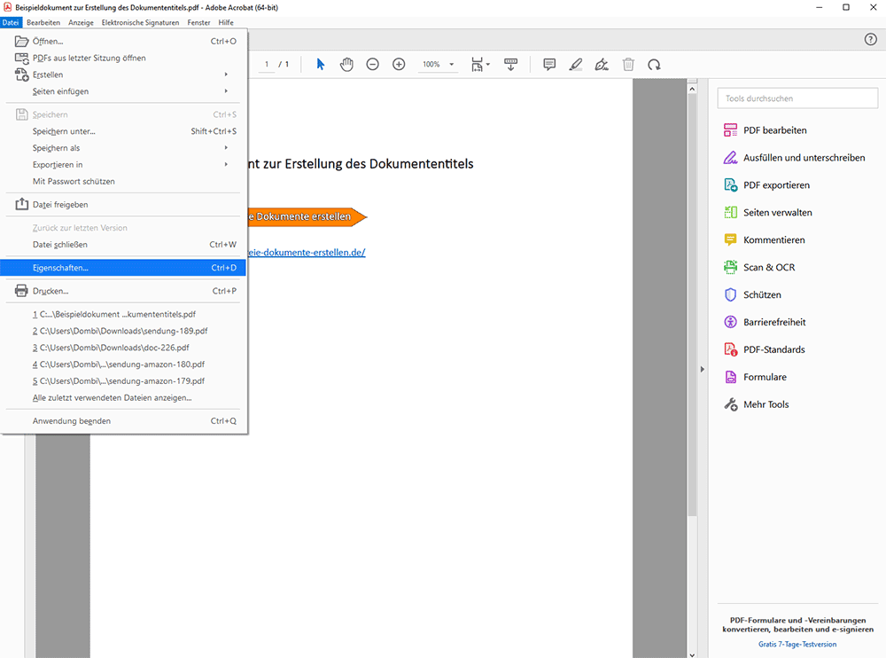 Screenshot Adobe Acrobat Pro mit geöffnetem Datei-Menü