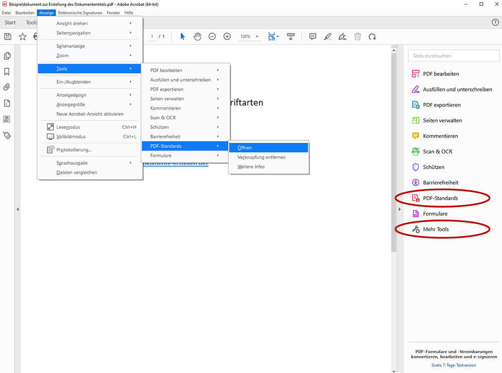 Screenshot Adobe Acrobat Pro mit geöffnetem Menü Ansicht zum Finden der PDF-Standards